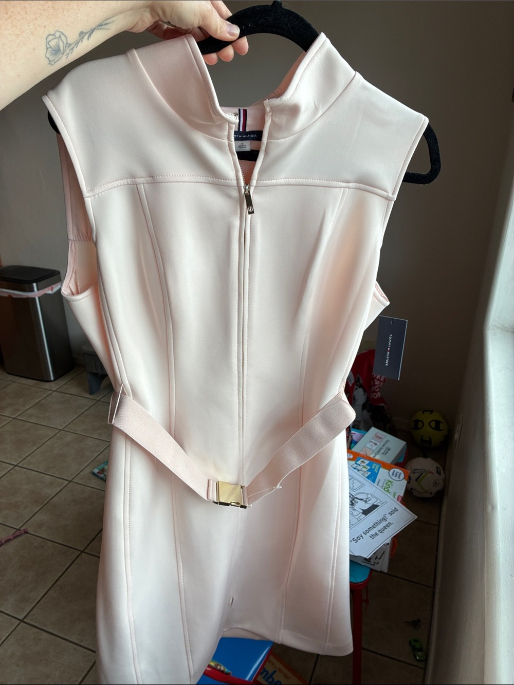 Tommy Hilfiger Sleeveless Zip-Front Belted Dress in Blush Pink